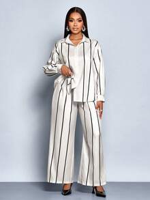 SOLERSUN Conjunto de Duas Peças de Roupas Femininas para o Outono e Inverno, Ideal para Uso Diário e Passeios Diurnos, Composto por Camisa de Mangas Longas com Estampa de Listras em Tons de Laranja Claro e Preto, Corte Solto, Pregas, Botões e Bainha Curva, e Calça de Perna Reta com Cintura Elástica. - Damasco - Visão 6