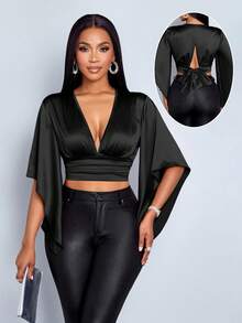 SOLERSUN 女士办公室老钱风格春夏优雅通勤商务休闲 V 领腰部聚集光泽缎面面料不对称荷叶边饰边衬衫，派对情人节约会度假秋季衬衫上衣秋冬感恩节返校教师万圣节节日性感优雅 - 黑色 - 查看 1