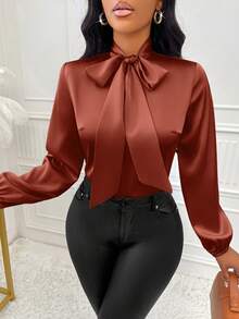 SOLERSUN 光泽优雅的杏色衬衫，适合女士通勤、休闲商务，适合新年假期派对服装 - 鏽棕色 - 查看 3