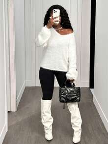 SHEIN Unity Women's V-Neck Long Sleeve Fluffy White Loose Casual Sweater - White - View 3