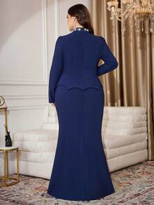 Modelyn Vestido elegante de manga larga, ajustado, con cuello de pie y decoración de strass, talla grande - azul real - Ver 3