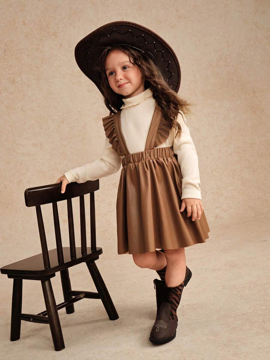 SHEIN Reset Phase Set de 2 piezas: Blusa de unicolor con cuello mao y vestido con volantes en el bajo para niña