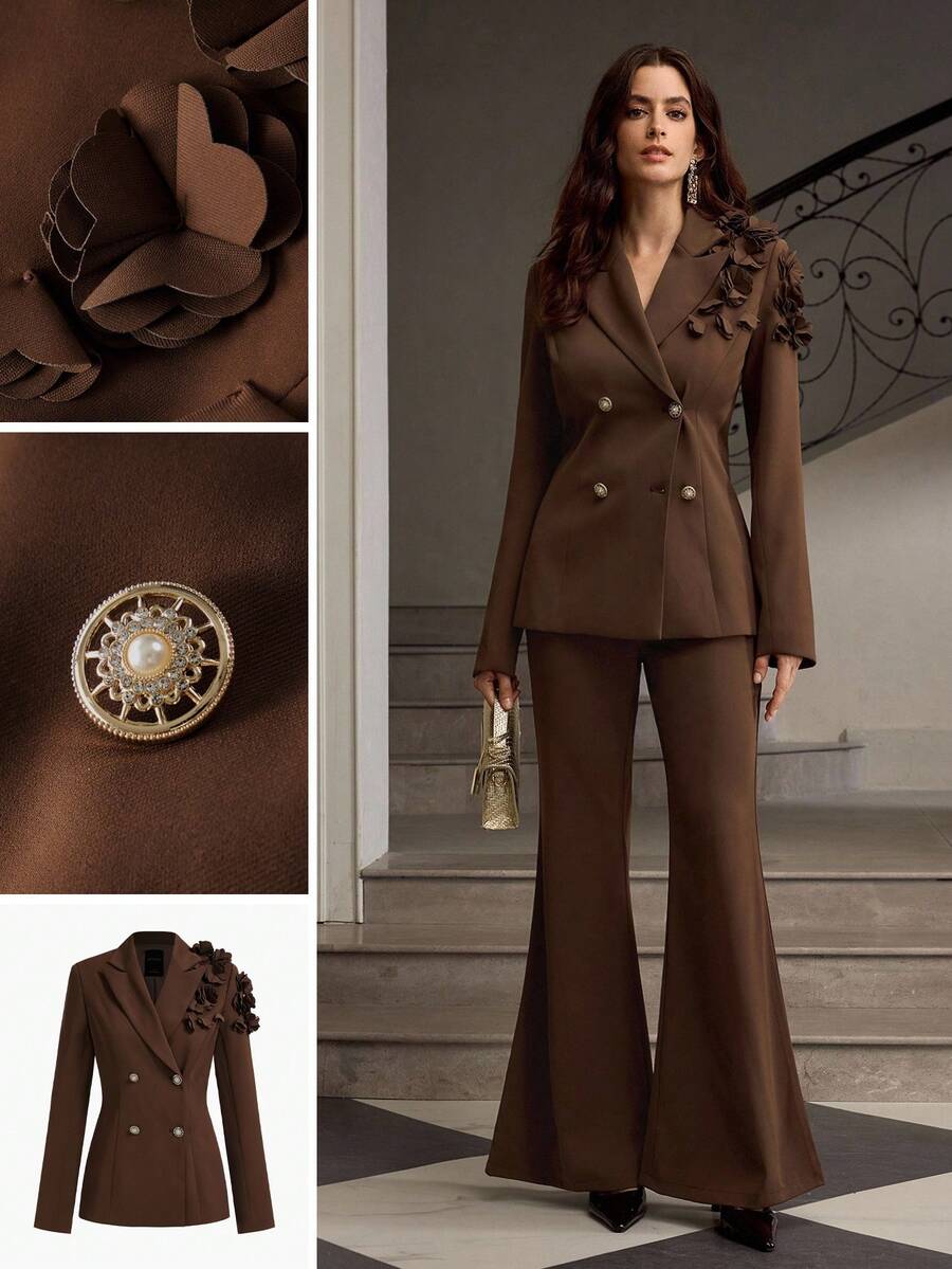 ZEYLAH Modna damska marynarka z kołnierzem z klapami i wzorem kwiatowym 3D, długim rękawem, dwurzędowa, elegancka - Brązowy - Zobacz 1