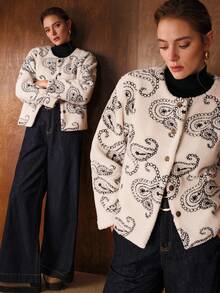 MOTF PREMIUM WOMEN'S CASHEW FLOWER PATTERN FUZZY FLEECE WINTER JACKET - Black and White - View 9