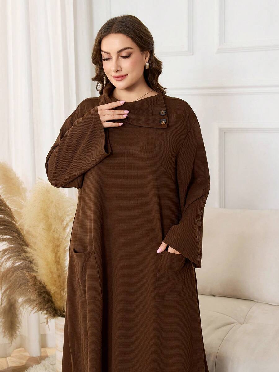 Lacomfia 大码女式针织高领休闲连衣裙 - 咖啡棕 - 查看 1