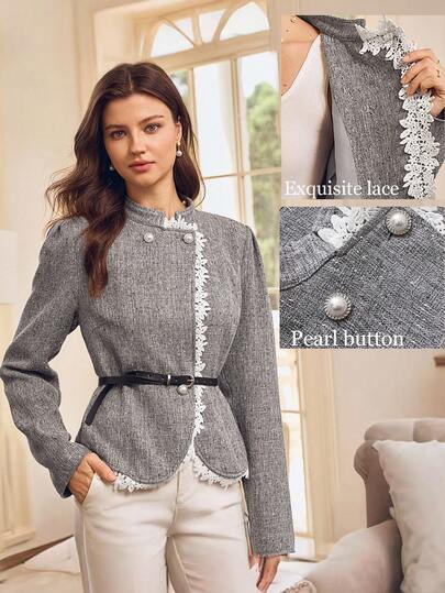 Penseblé Jaket Wanita dengan Hiasan Renda dan Pinggang yang Diikat, Elegan & Mewah untuk Pesta, Halloween, Thanksgiving, Musim Gugur/Dingin