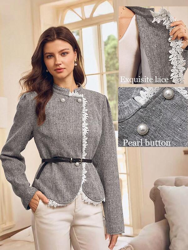 Penseblé Women's Lace Patchwork Cinched Waist Jacket, Elegant & Luxurious For Party, Halloween, Thanksgiving, Autumn/Winter