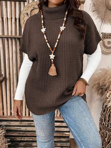 Plus Size Solid Color Turtleneck Batwing Sleeve Knit Top, Casual For Autumn/Winter - Coffee Brown - View 1