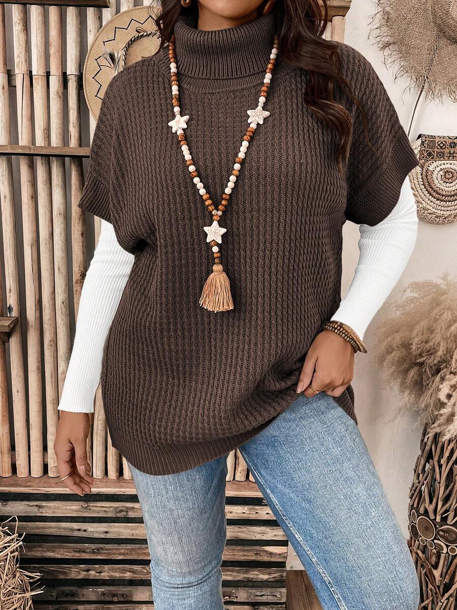 Plus Size Solid Color Turtleneck Batwing Sleeve Knit Top, Casual For Autumn/Winter - Coffee Brown - View 1