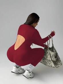 Rhythm Era Plus Size Women Seamless Burgundy Backless Jumpsuit With Long Sleeves - Burgundy - View 5