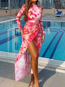 Swim Shayni Floral Tie Dye Tie Dye Print Long Sleeve Zipper Burkini, Waist Tie Printed Maxi Dress Swimsuit Set - Multicolor - View 8