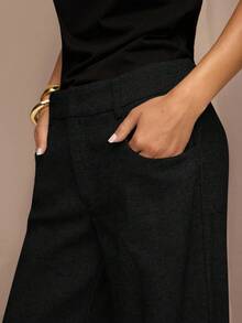 SHEIN BAE 女式休闲日常通勤简约纯色侧袋阔腿裤，不含腰带 - 黑色 - 查看 4