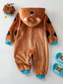 SCOOBY-DOO X SHEIN Macacão de Flanela Confortável com Capuz com Orelhas 3D de Cachorrinho Bordado, Estampa Fofa de Cachorro, Manga Longa e Zíper na Frente para Bebê Menino - Castanho - Visão 2