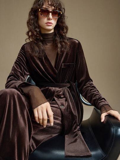 Ontre Women's Dark Brown Velvet Fabric Reflective Plush High-End Comfortable Blazer With V-Neck Design, Overlapping Lapel And Relaxed Straight Leg Suit Pants With Belt, Versatile For All Seasons, Essential For Autumn/Winter, Sophisticated Urban Casual Business Attire, High-Quality Airport Fashion, Festive Party Essential Christmas Evening Clothes New Year Atmosphere Holiday Party Women's Clothing A Must-Have For Autumn And Winter: A High-End, Comfortable, Vintage-Style Sets