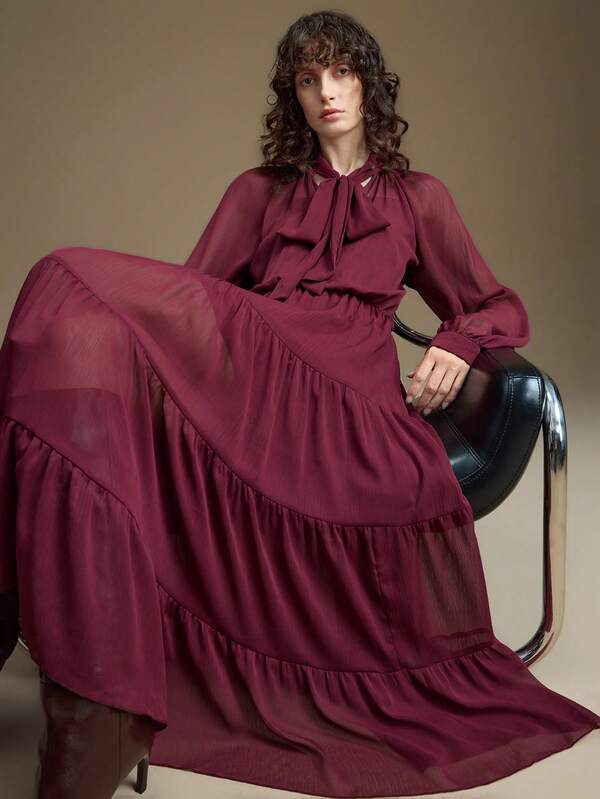 Ontre Women's Solid Color Knotted Collar Lantern Sleeve Multi-Tier Hem Semi-Sheer Extra Long Dress, Versatile For Urban Commute, Business, Casual, Office Wear, Elegant For Christmas Party, New Year, Holiday Beach