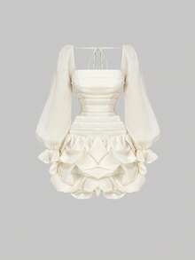 SHEIN MOD Women's Apricot Fitted Ruched Bubble Hem Organza Mini Dress, Wedding Guest Dress, Birthday Country Concert Party Dress Brunch Outfits,Classy Outfits,Tea Party Dress, Puff Sleeve Dress, Corset Dress, For Going Out