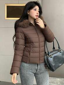 DAZY Áo khoác đệm cổ lông vá dành cho nữ, Thu/Đông - Cà phê nâu - Xem 2