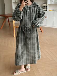 DAZY Plaid Lantern Sleeve Women's Casual Lounge Dress, Winter, Moo Moo Night Dress Pajamas - Green - View 7