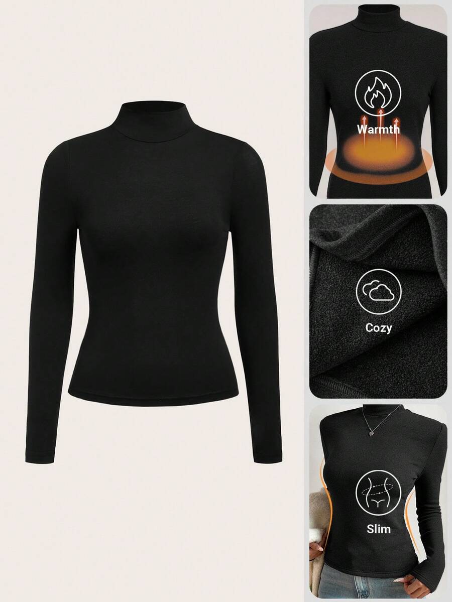 SHEIN BASICS 女士休闲高领紧身保暖长袖打底T恤，适合秋冬季穿着。