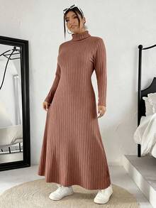 SHEIN EZwear Plus Size Women's Casual Everyday Commute Simple Solid Color Ribbed Knit Turtleneck Long Sweater Dress, Autumn/Winter - Khaki - View 4