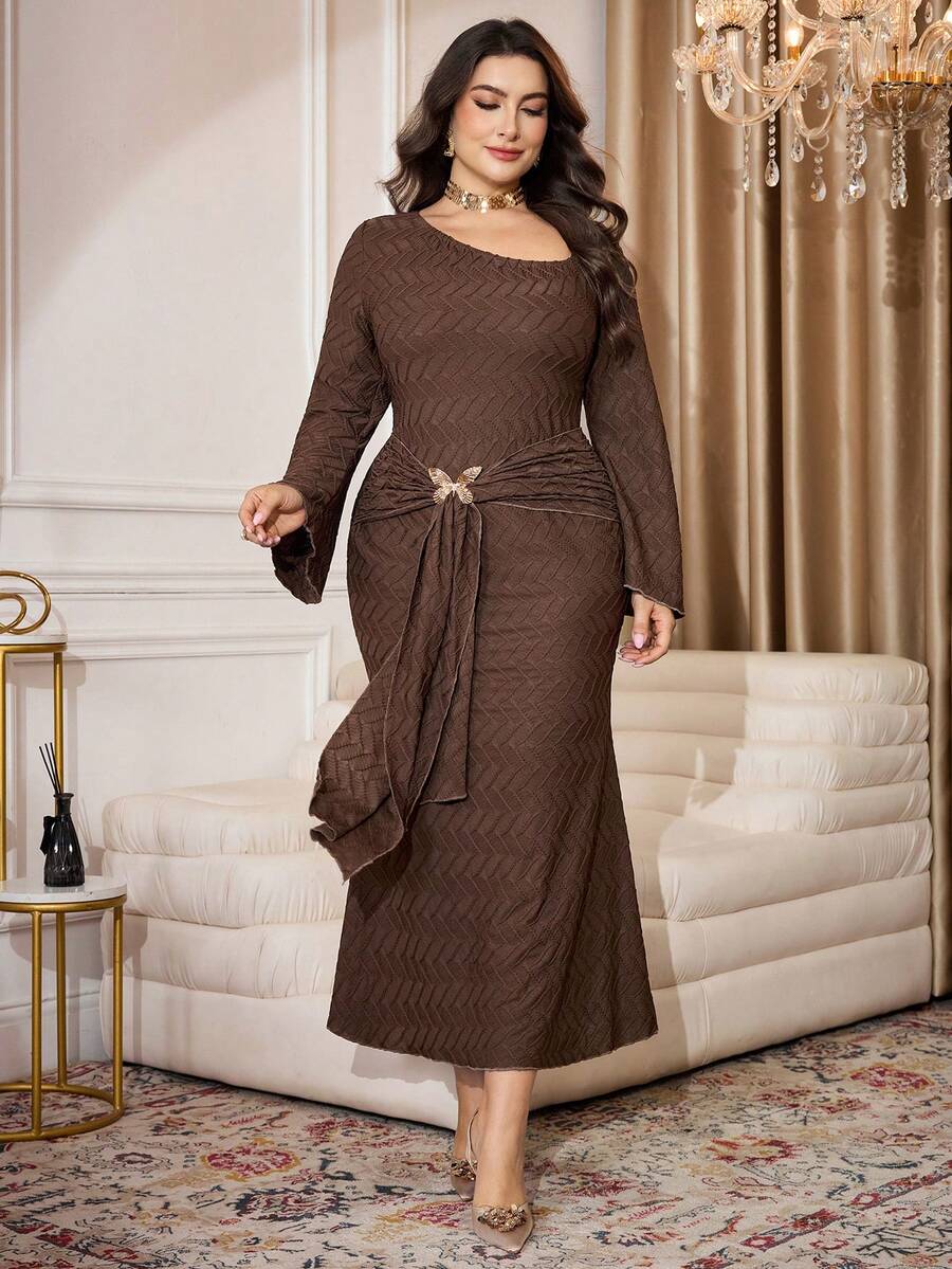 Modelyn Autumn/Winter Asymmetric Collar Butterfly Decor Button Sexy Cold-Shoulder Elegant Long Sleeve Plus Size Dress, Brown - Brown - View 1