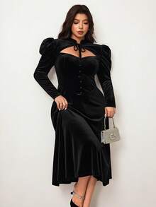 Enliva 加大码丝绒羊腿袖连衣裙，立领，蝴蝶结，秋冬/圣诞节女士优雅派对礼服，适合圆润身材，苹果型身材亦可驾驭，情人节、爱情、礼物、浪漫、情人节快乐、2026、新年装扮/2026/新年 - 黑色 - 查看 7