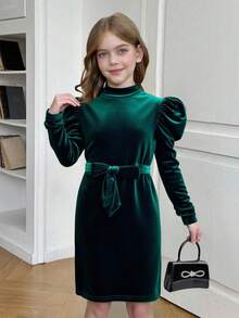 SHEIN Sukienka dla nastolatek w jednolitym kolorze z kołnierzykiem stojącym, z szerokimi rękawami i dopasowanym do figury aksamitem i paskiem z kokardą, na urodziny, wakacje, idealna na co dzień i na co dzień do szkoły jesienią i zimą, zielona na Boże Narodzenie, pasująca do mamy i córki, modna, słodka, wygodna i uniwersalna