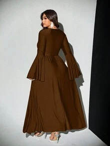 Viva Relle 大码优雅性感品牌经理喇叭袖开衩连衣裙 - 棕色 - 查看 3