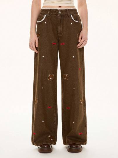 Kawaii Women's Retro Cute Bear & Bow Embroidered Lace Patchwork Super Low Waist Straight Leg Jeans