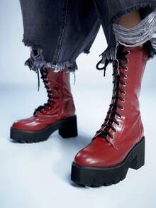 Sugerpunk Women's Fashion Red Thick Sole Motorcycle Mid-Calf Boots