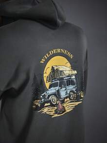 Driftmere 男士户外风景艺术森林露营元素印花长袖休闲抓绒连帽衫，秋冬季，户外图案 - 深灰色 - 查看 3