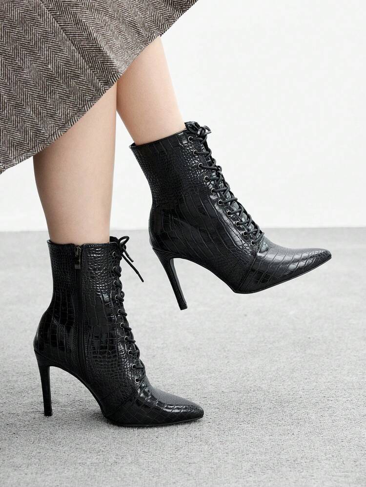 CUCCOO BIZCHIC 高品質 ブラックヘビ柄 ミッドカーフブーツ、尖った つま先 スリムヒール エレガントな レディースブーツ、ファッショナブルで多用途な新デザイン ロングブーツ、女性らしい魅力とエレガンスを演出