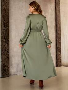 Roveilla Đầm dài tay chữ A cổ chữ V phối ren satin, eo thắt khóa kim loại, thanh lịch, lãng mạn, phù hợp mặc đi làm, thường ngày, phong cách đường phố, nơi làm việc, mùa thu/đông - xanh quân đội - Xem 2