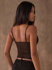 SHEIN BAE 女士纯色蕾丝拼接休闲时尚吊带背心，夏季 - 咖啡棕 - 查看 2