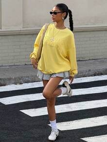 Muchica Women's Cream Yellow Letter Embroidered Loose Pullover Sweatshirt, Autumn/Winter Clothes For Going Out Outfits, Back To School, Streetwear, Y2K Clothes