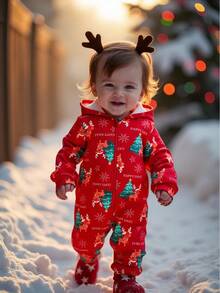 SHEIN 3件套新生儿男女通用圣诞针织卡通图案连帽连体衣，爸爸和我亲子装，婴儿冬季服装 - 彩色 - 查看 1