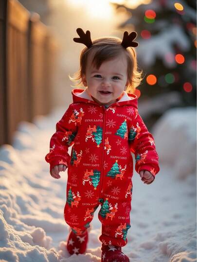 SHEIN 3pcs Newborn Baby Unisex Christmas Knitted Cartoon Pattern Hooded Jumpsuit Daddy And Me Matching Outfits, Baby Winter Clothes