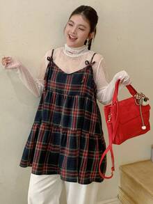 Dazy Plus 格子图案休闲圣诞新年宽松A字吊带背心，百搭
