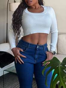 Tyla Gomez 秋冬款圆领罗纹针织短款白色毛衣 - 白色 - 查看 5