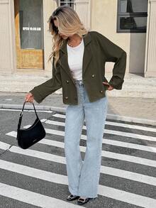 SHEIN Frenchy Áo khoác trench coat ngắn hai hàng khuy thời trang thường ngày dành cho nữ - xanh quân đội - Xem 4