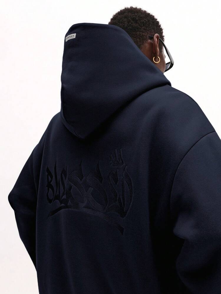 Embossed Logo Pullover Hoodie With Centre Pocket
