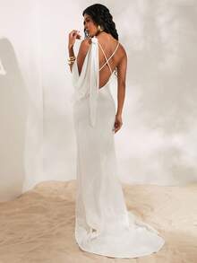 Opulessa Beach Fairycore Wedding Party Elegant Solid Color Woven Maxi Slip Dress For Women,Luxury Elegant Graduation, Chic Dress,Wedding Guest Outfits,Sexy Elegant Party,Graduation,Prom,Luxury Evening,Autumn Winter Clothes For Women,  National Day,  New Year Clothes,  Going Out Outfit, - White - View 3