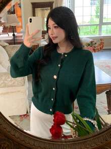 DAZY 女士优雅开襟羊毛衫，绿色圣诞新年金属纽扣装饰，商务休闲通勤风格，秋冬款