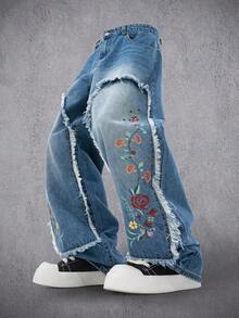 Manfinity Denimwave 男士休闲街头水洗蓝色直筒宽松印花牛仔裤，秋冬宽松阔腿毛边印花蓝色街头休闲做旧牛仔裤，适合Y2K和圣诞节穿着。 - 藍色 - 查看 1