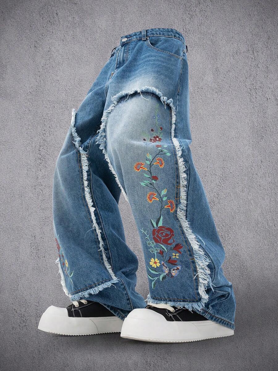 Manfinity Denimwave 男士休闲街头水洗蓝色直筒宽松印花牛仔裤，秋冬宽松阔腿毛边印花蓝色街头休闲做旧牛仔裤，适合Y2K和圣诞节穿着。 - 藍色 - 查看 1