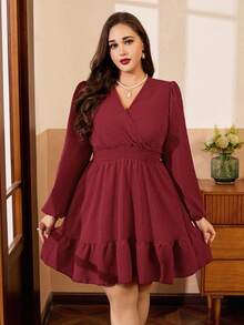 SHEIN Clasi Plus Size Solid Color Cross Shirred Puff Sleeve Ruffle Hem Cinched Waist A-Line Dress - Red - View 4