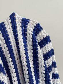 Elamini Blue & White Striped Knit Textured Fabric Asymmetric Shoulder Collar Dropped Shoulder Long Sleeve Cinched Waist Bodycon Mini Dress, Women Autumn/Winter Fashion, Suitable For Commute, Office, Elegant, School, Party, Date, Everyday Wear, Versatile - Multicolor - View 7