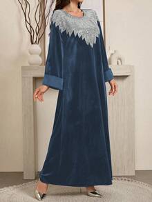 Al Najma Women's Splice Sequin Mesh Crew Neck Long Sleeve Loose Elegant Dress, Modest Elegant Kaftan Arabian Dresses, For Evening Party/Wedding Guest/Anniversary - Blue - View 3