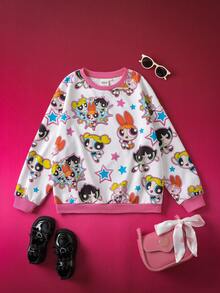 THE POWERPUFF GIRLS X SHEIN Tween Girl Blossom, Bubbles, Buttercup Pattern Contrast Trim Loose Fit Crew Neck Sweatshirt, Autumn/Winter Girls Clothes Kids Sweaters For Girls Kawaii Clothes Kids - White - View 2