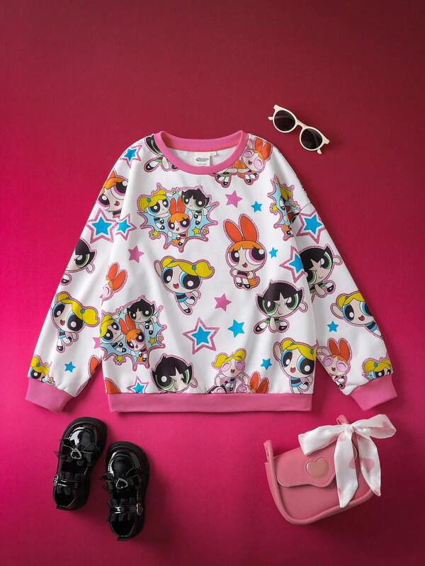THE POWERPUFF GIRLS X SHEIN 少女款花朵、泡泡、毛茛图案撞色滚边宽松圆领卫衣，秋冬季